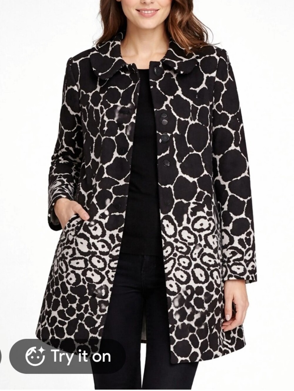 CARMEN Carmen Marc Valvo Black And White Animal Print 3/4 Swing Coat Size M #758